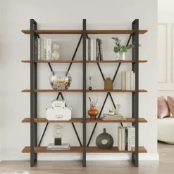 Bibliothèque industrielle effet bois foncé, dos croisé JENA