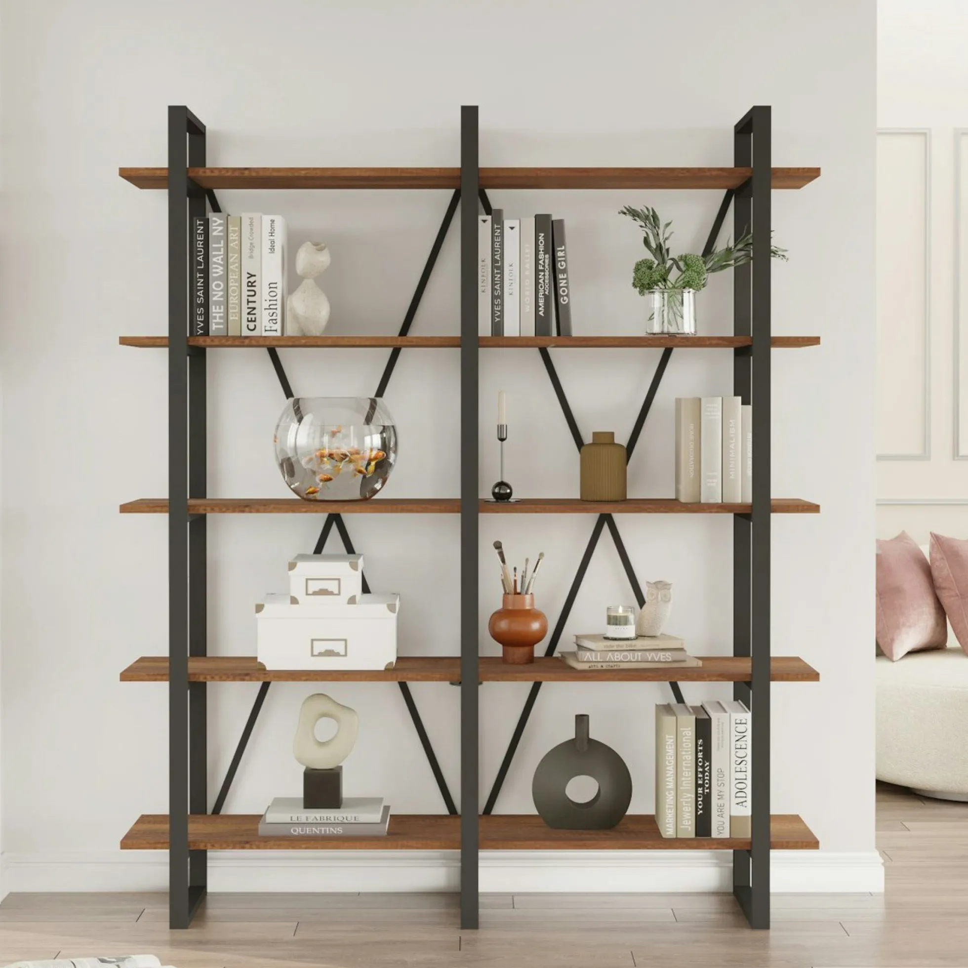 Bibliothèque industrielle effet bois foncé, dos croisé JENA