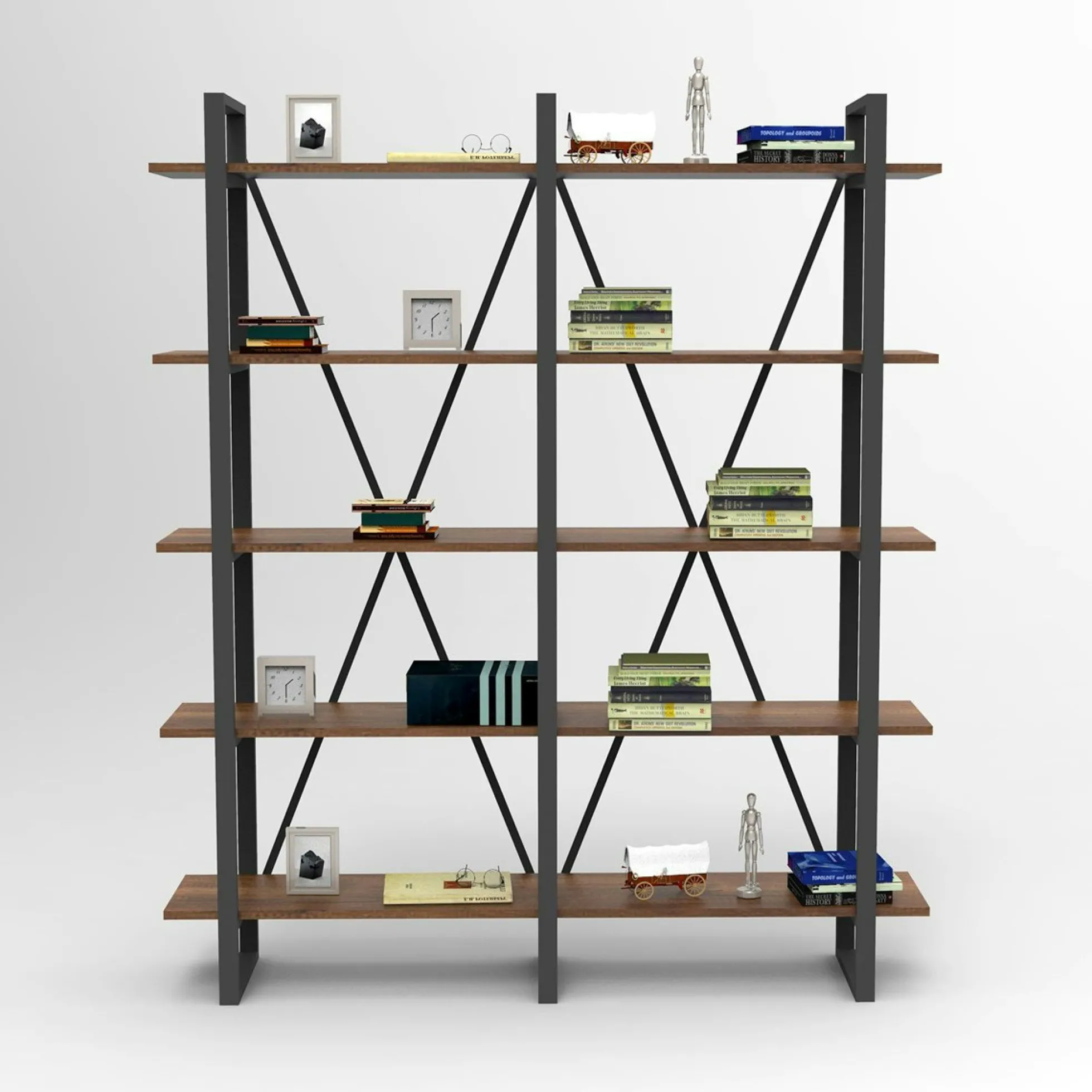Bibliothèque industrielle effet bois foncé, dos croisé JENA