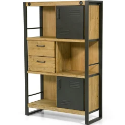 Bibliothèque Inspiration Indus' en Acacia et Métal, 2 portes métal, 2 tiroirs et 3 niches 90x35x140cm BROOKLYN