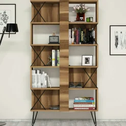 Bibliothèque moderne effet noyer à croisillons noirs JENA