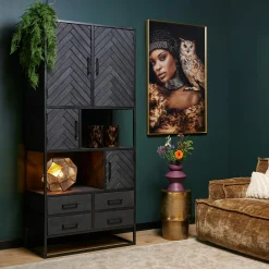 Bibliothèque noire en bois 4 portes motif chevron ALVERA