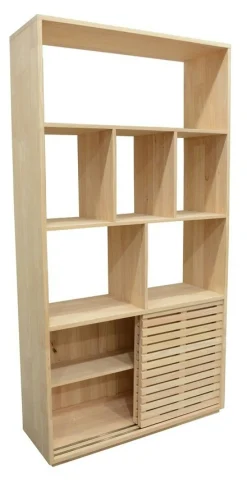 Bibliothèque ouverte Hévéa 2 portes coulissantes Persiennes, 6 niches 100x35x190cm NEW ORLEANS