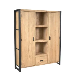 Bibliothèque salon bois clair métal noir 2 portes MILORA