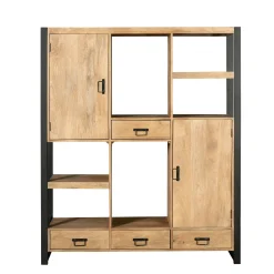 Bibliothèque salon bois clair métal noir avec rangement MILORA