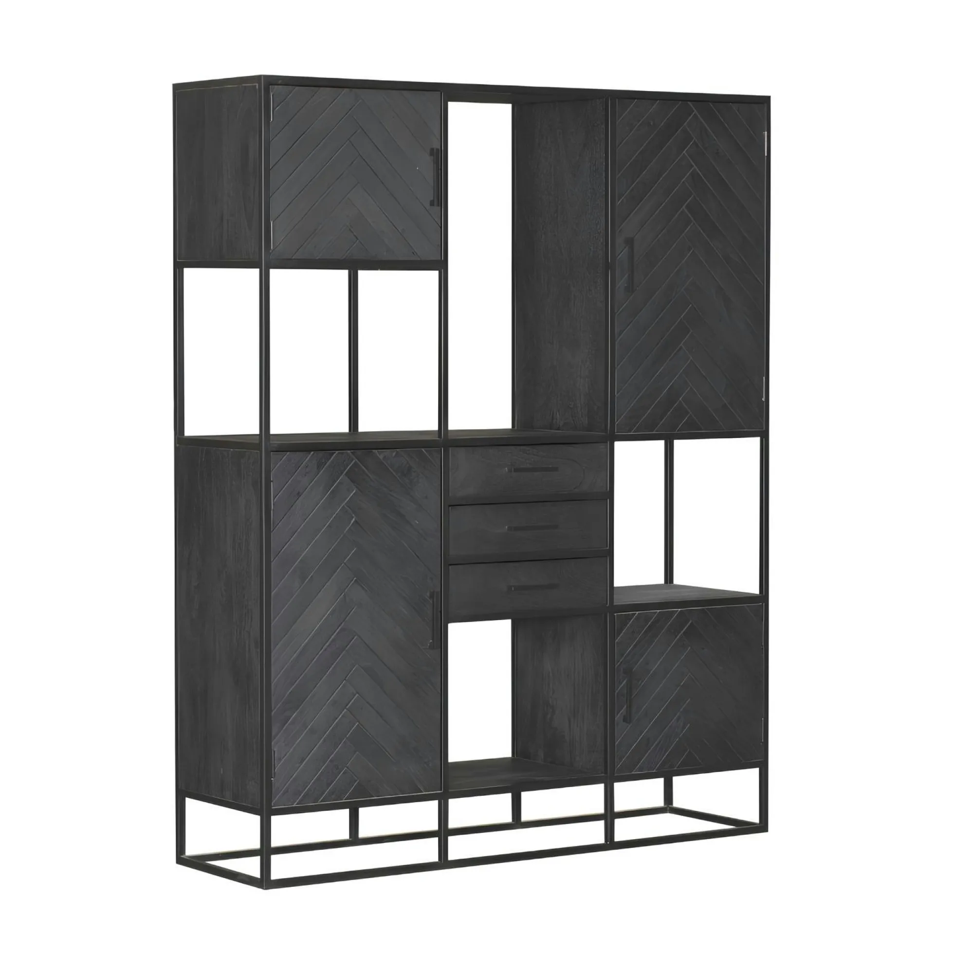 Bibliothèque étagère bois noir 4 portes motif chevron ALVERA