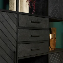 Bibliothèque étagère bois noir 4 portes motif chevron ALVERA