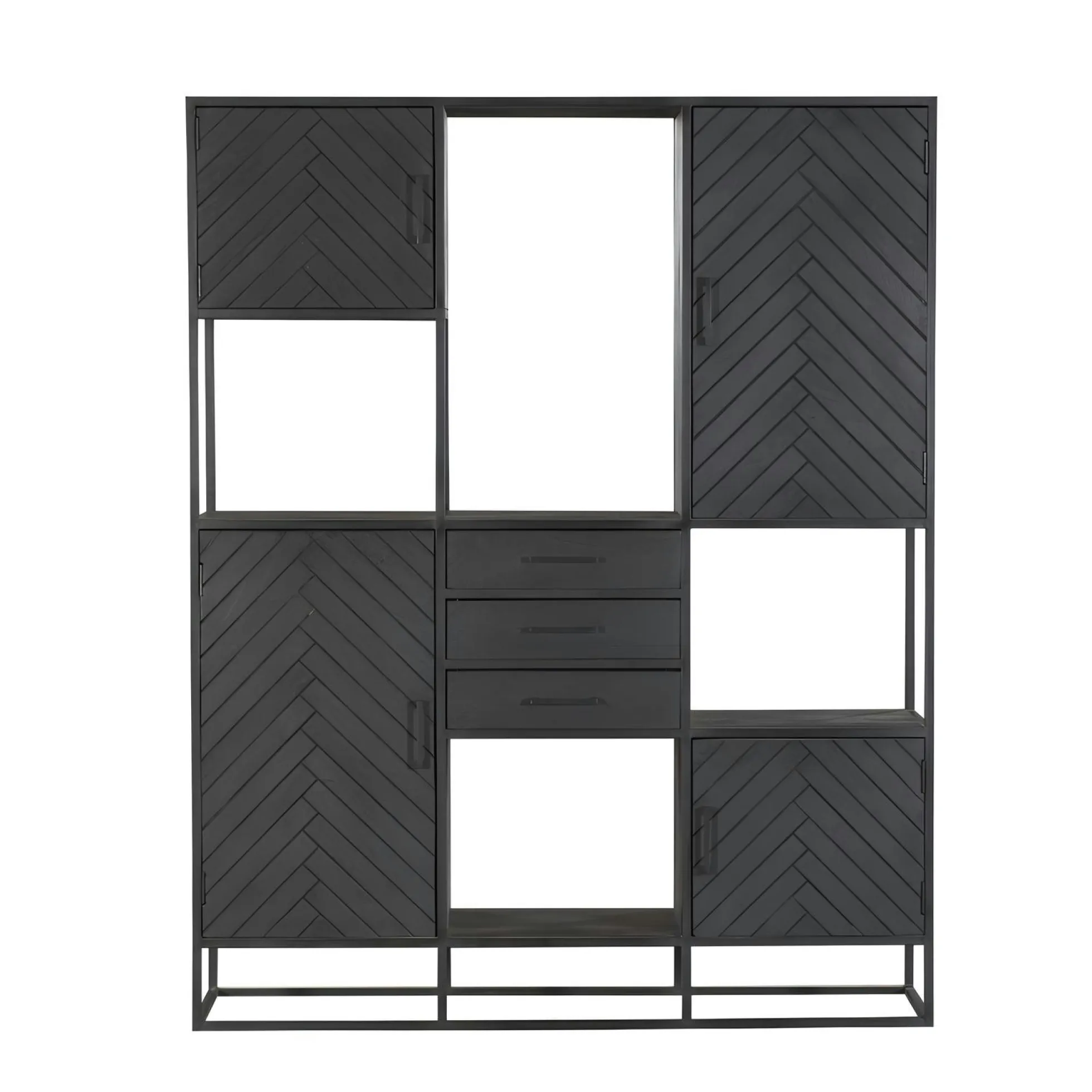 Bibliothèque étagère bois noir 4 portes motif chevron ALVERA