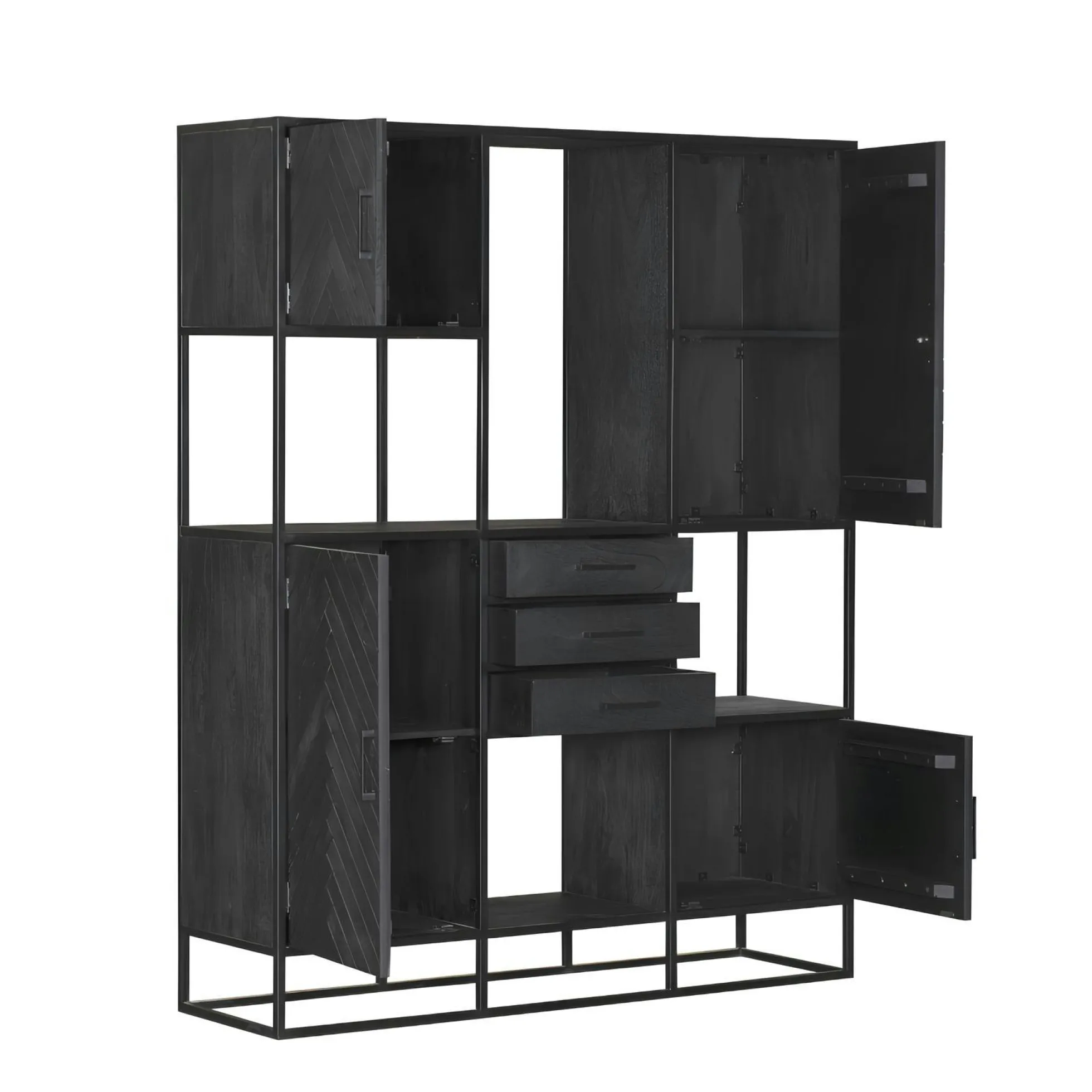 Bibliothèque étagère bois noir 4 portes motif chevron ALVERA