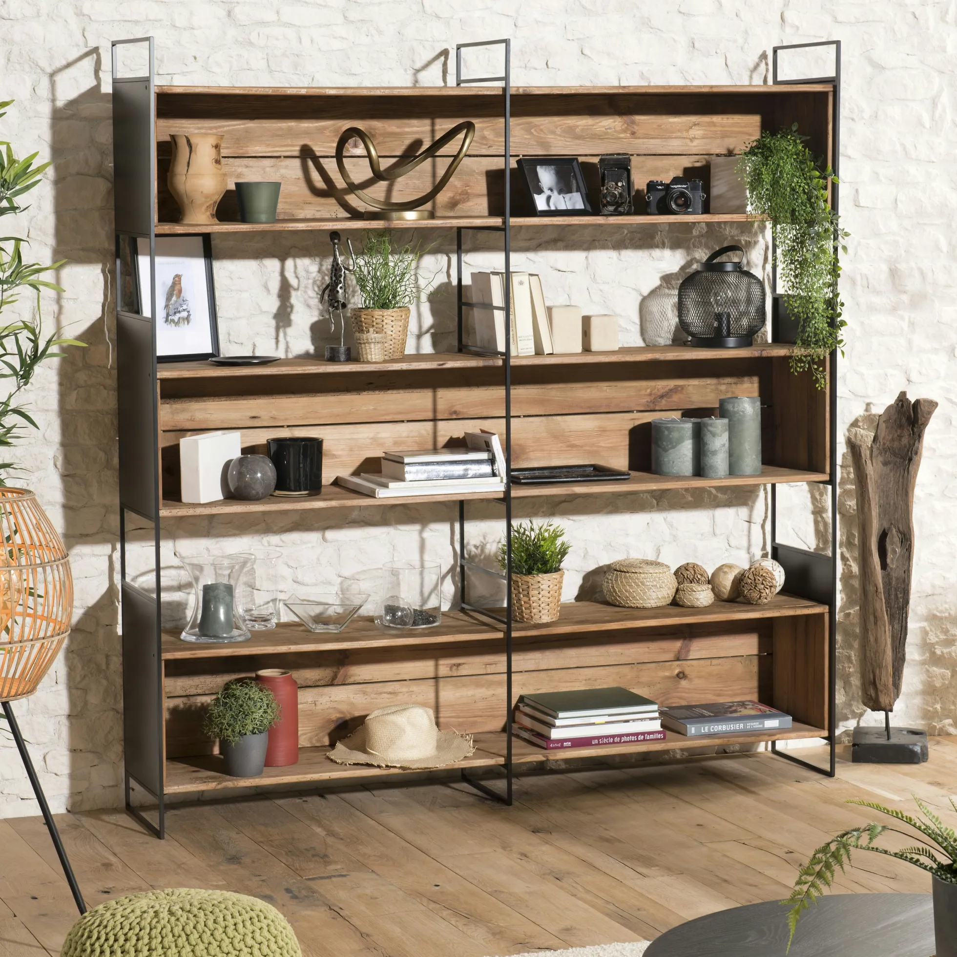 Bibliothèque étagère bois recyclé pin 3 niches CRACOVIE