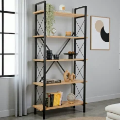 Bibliothèque étagère noire, 5 plateaux effet chêne clair JENA