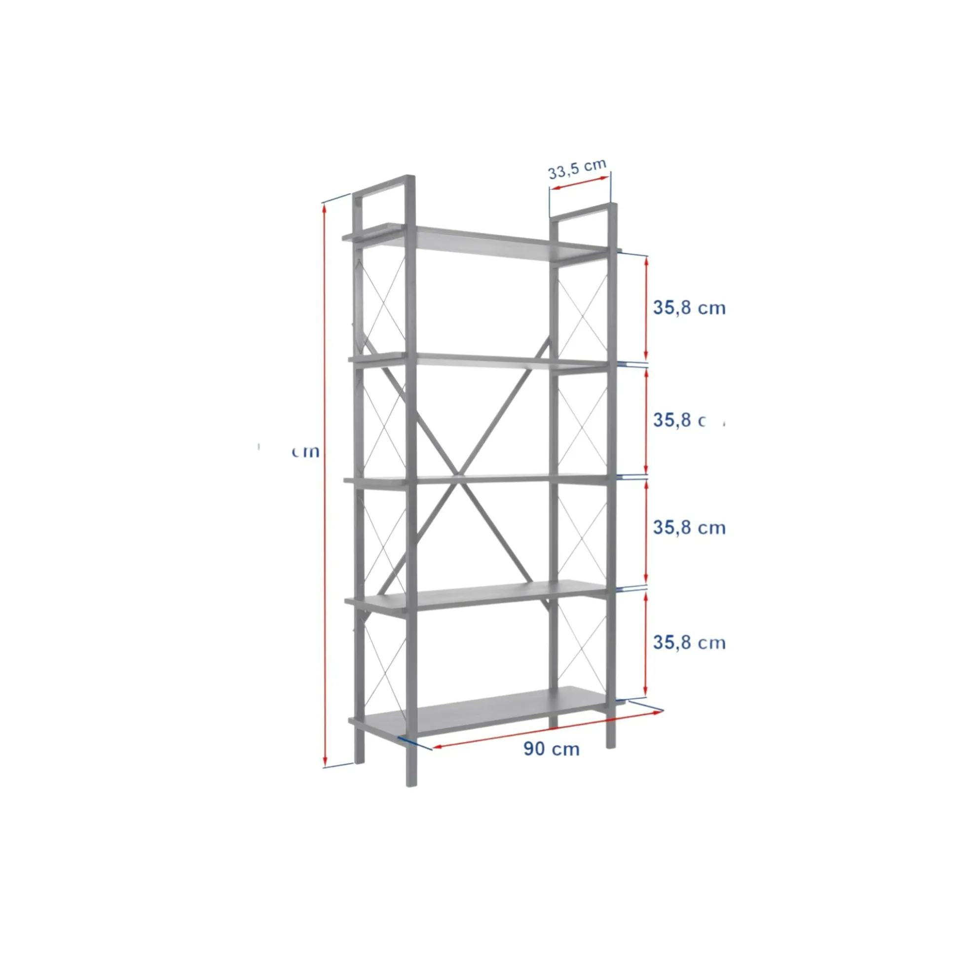 Bibliothèque étagère noire, 5 plateaux effet pin JENA