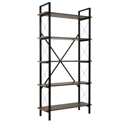 Bibliothèque étagère noire, 5 plateaux effet noyer JENA