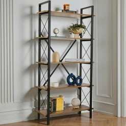 Bibliothèque étagère noire, 5 plateaux effet noyer JENA
