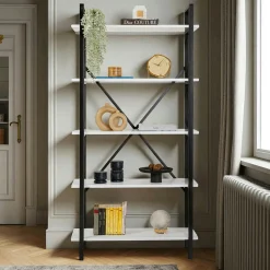 Bibliothèque étagère noire, 5 plateaux blancs JENA