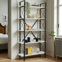 Bibliothèque étagère noire, 5 plateaux blancs JENA