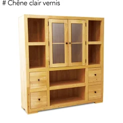 Bibliothèque / Vaisselier Hévéa 2 portes vitrées et bois, 2 tiroirs, 6 niches 130x40x140cm OLGA