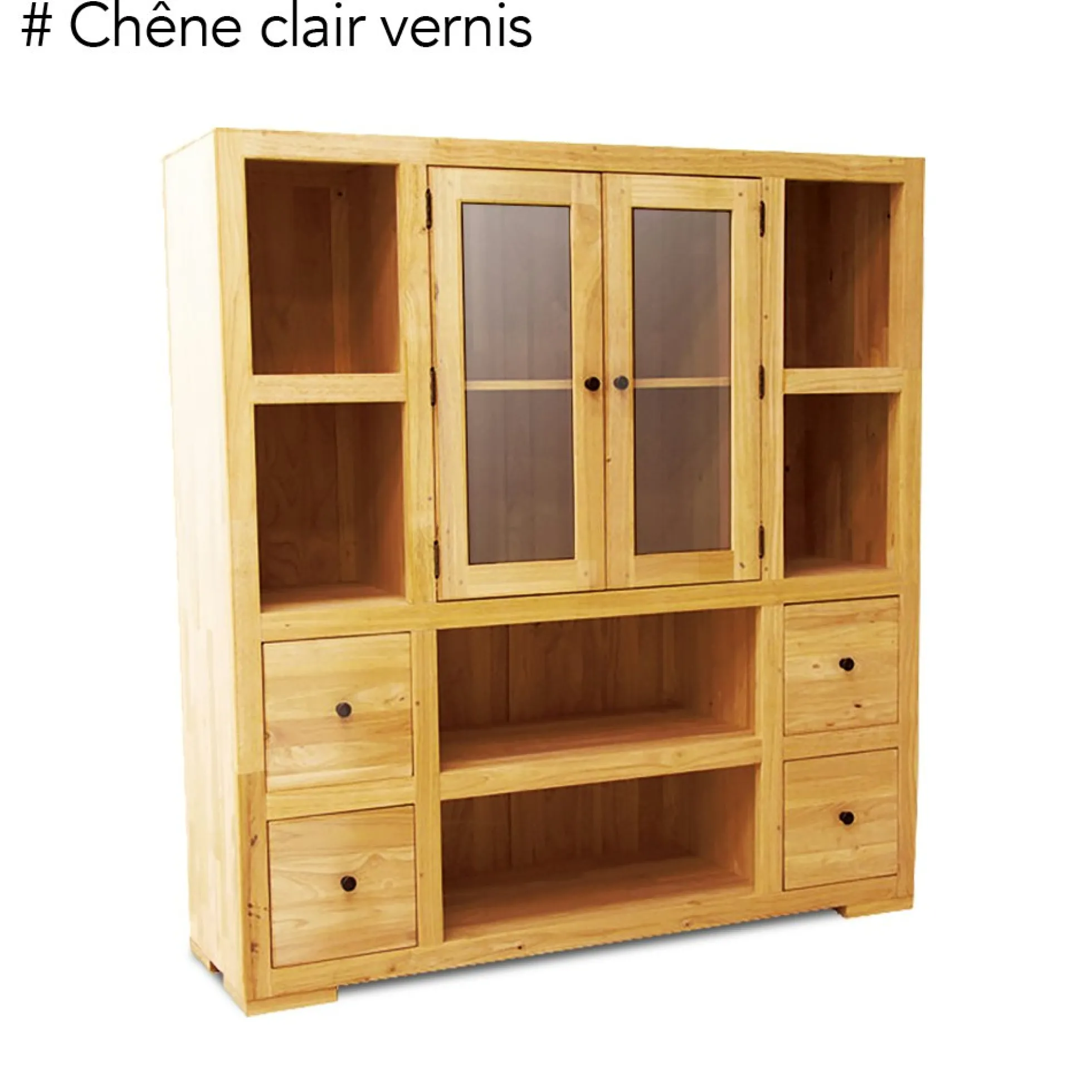 Bibliothèque / Vaisselier Hévéa 2 portes vitrées et bois, 2 tiroirs, 6 niches 130x40x140cm OLGA