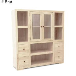 Bibliothèque / Vaisselier Hévéa 2 portes vitrées et bois, 2 tiroirs, 6 niches 130x40x140cm OLGA