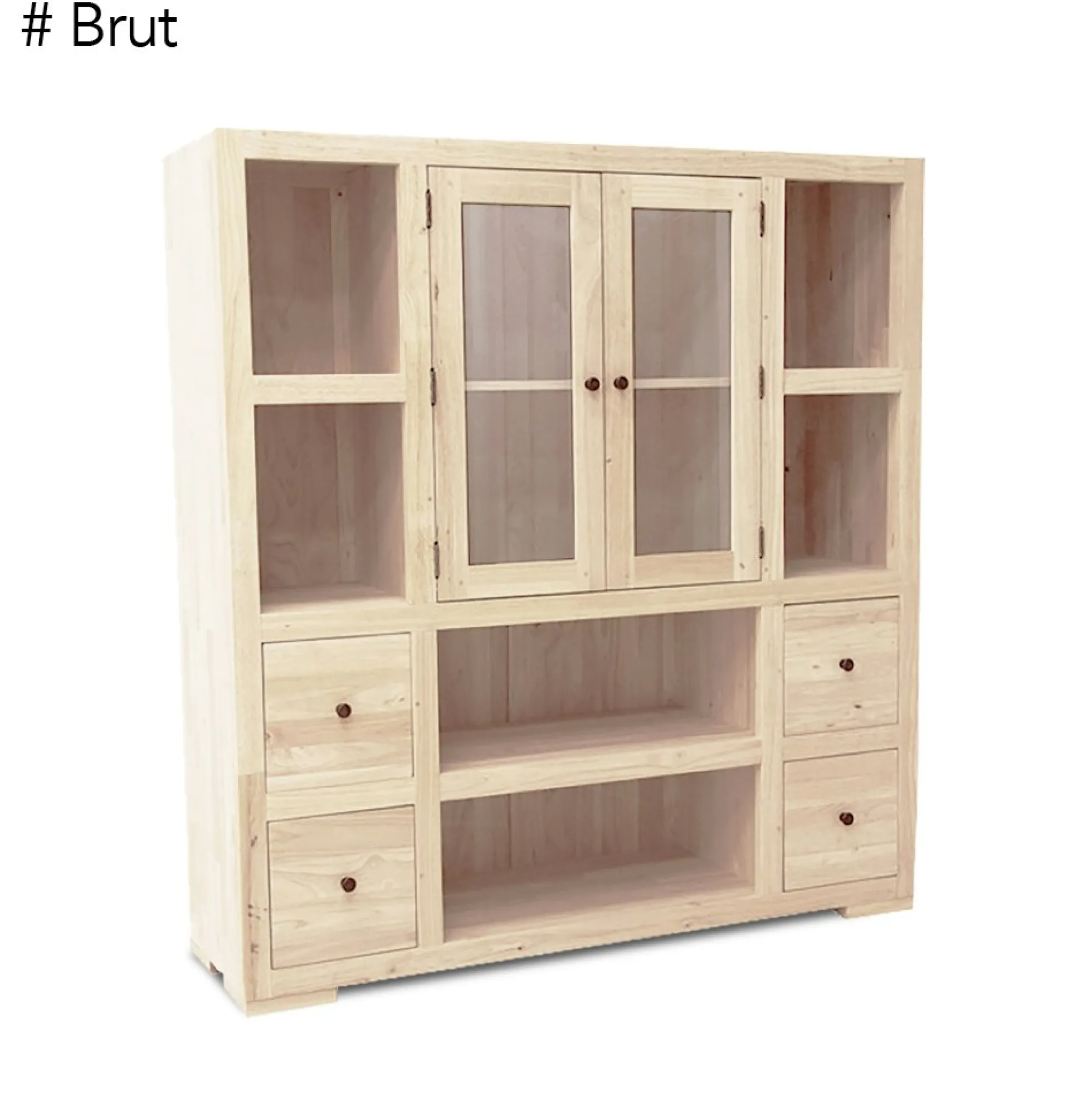 Bibliothèque / Vaisselier Hévéa 2 portes vitrées et bois, 2 tiroirs, 6 niches 130x40x140cm OLGA