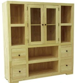 Bibliothèque / Vaisselier Hévéa 2 portes vitrées et bois, 2 tiroirs, 6 niches 130x40x140cm OLGA
