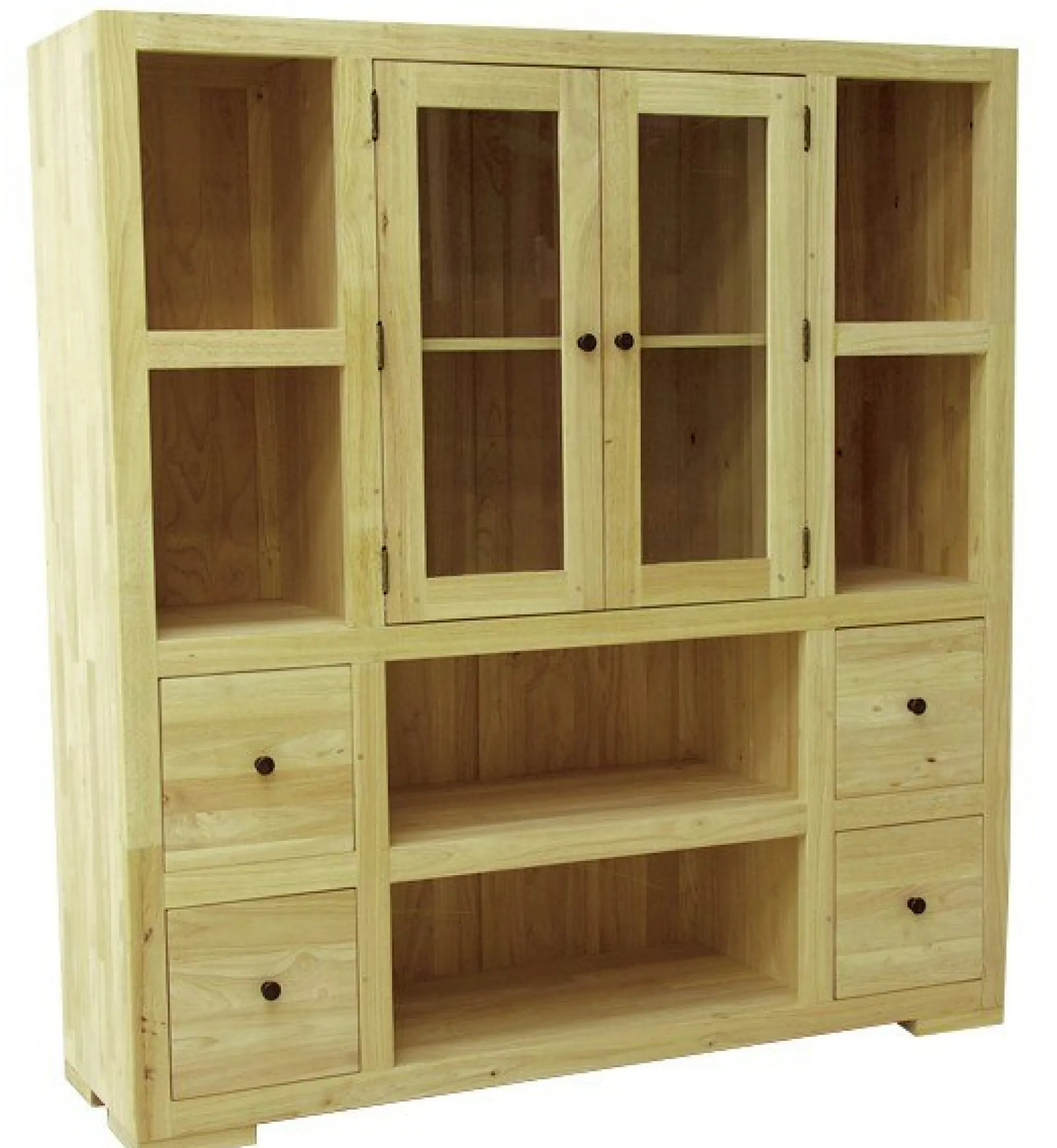 Bibliothèque / Vaisselier Hévéa 2 portes vitrées et bois, 2 tiroirs, 6 niches 130x40x140cm OLGA