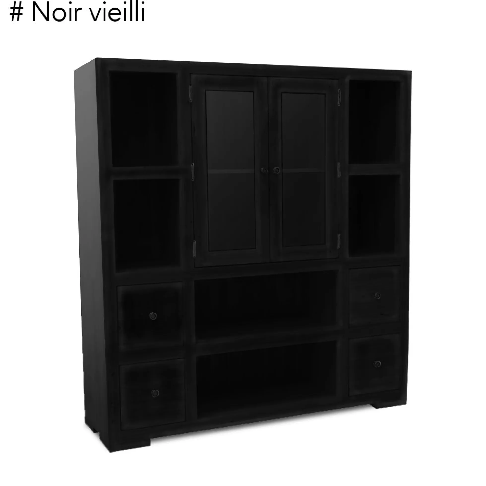 Bibliothèque / Vaisselier Hévéa 2 portes vitrées et bois, 2 tiroirs, 6 niches 130x40x140cm OLGA