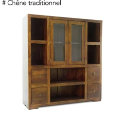 Bibliothèque / Vaisselier Hévéa 2 portes vitrées et bois, 2 tiroirs, 6 niches 130x40x140cm OLGA
