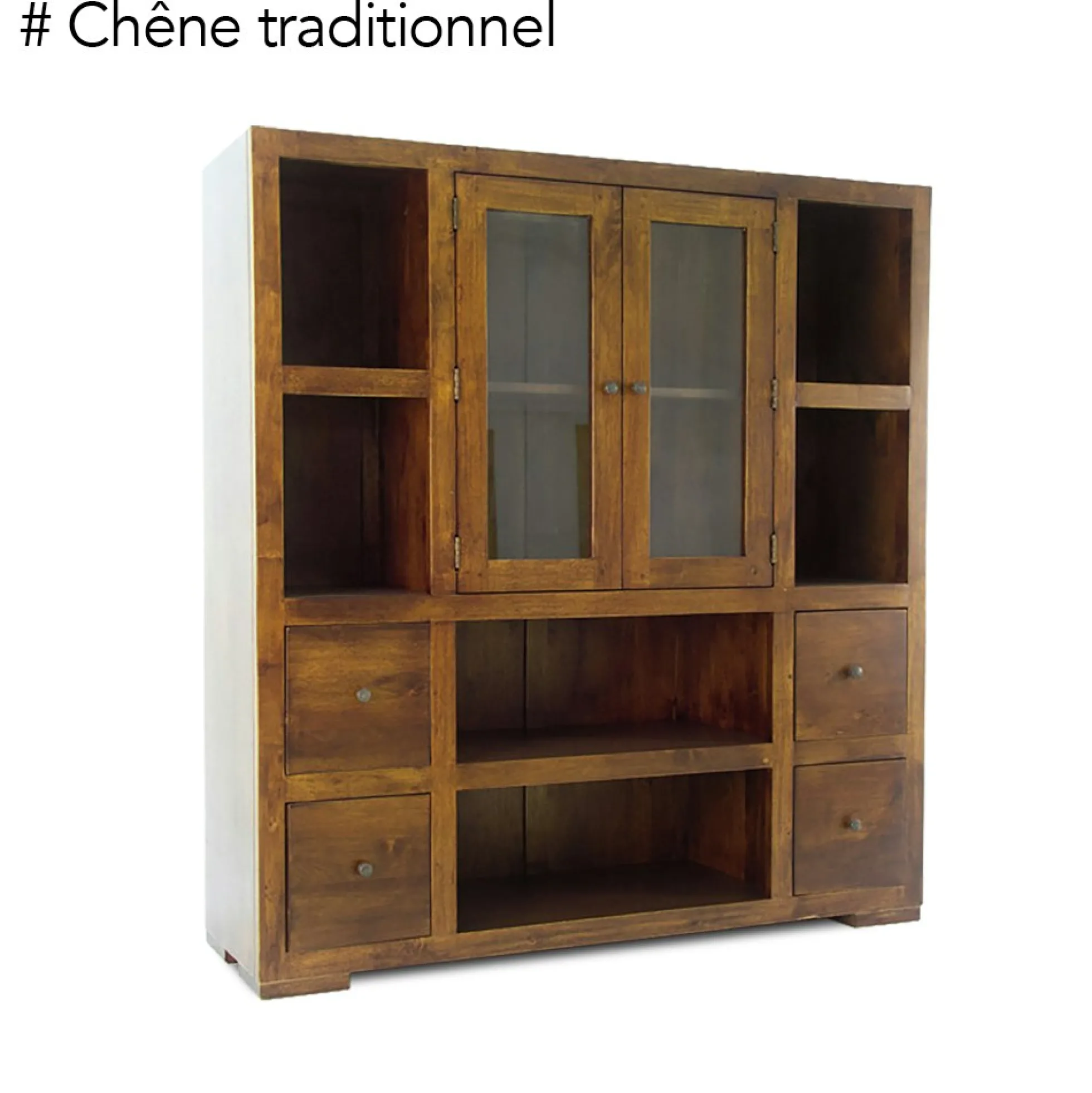 Bibliothèque / Vaisselier Hévéa 2 portes vitrées et bois, 2 tiroirs, 6 niches 130x40x140cm OLGA