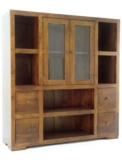 Bibliothèque / Vaisselier Hévéa 2 portes vitrées et bois, 2 tiroirs, 6 niches 130x40x140cm OLGA