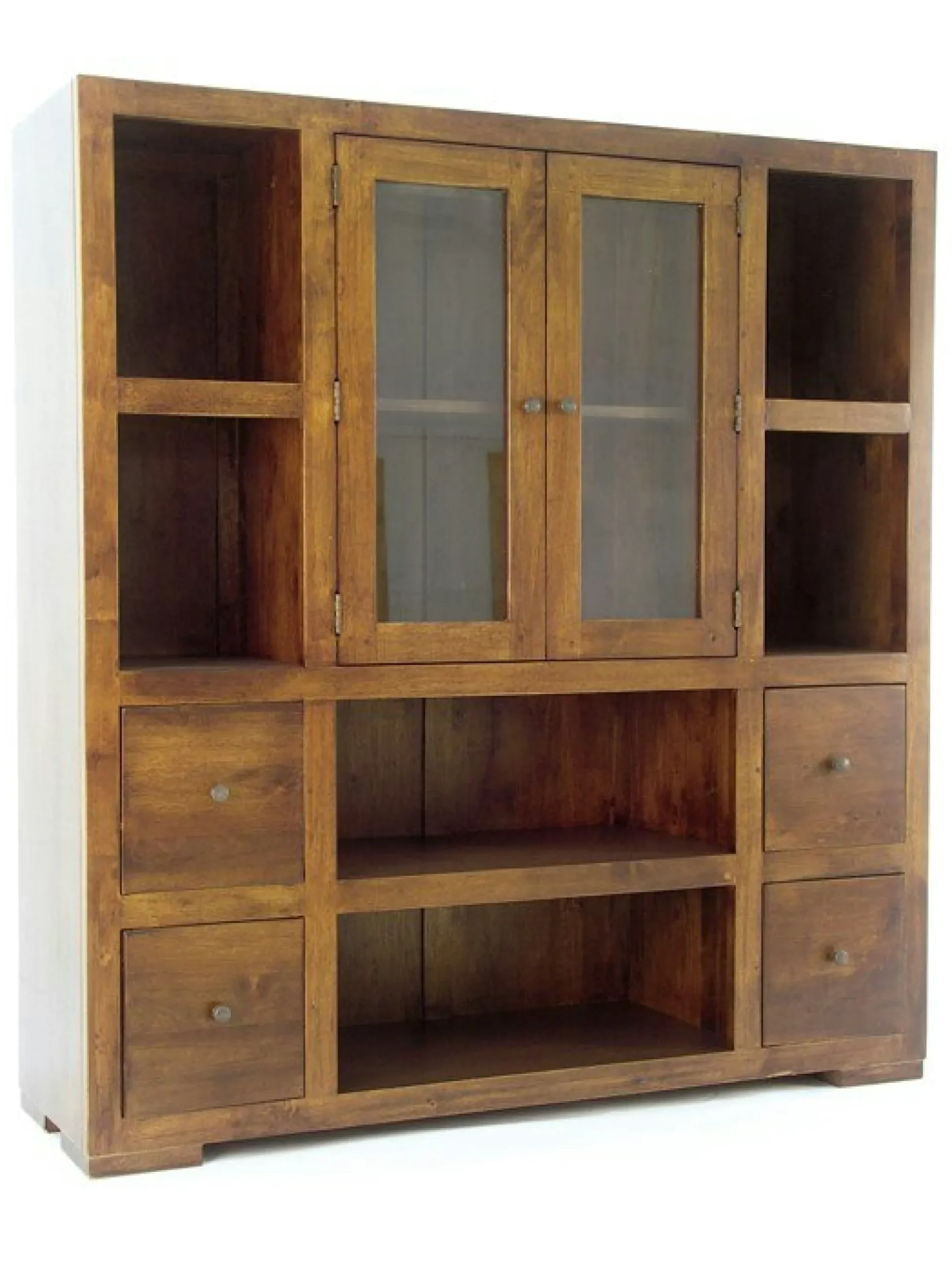Bibliothèque / Vaisselier Hévéa 2 portes vitrées et bois, 2 tiroirs, 6 niches 130x40x140cm OLGA