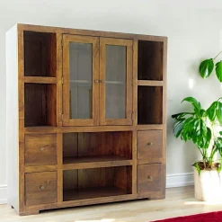 Bibliothèque / Vaisselier Hévéa 2 portes vitrées et bois, 2 tiroirs, 6 niches 130x40x140cm OLGA