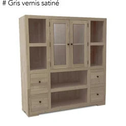 Bibliothèque / Vaisselier Hévéa 2 portes vitrées et bois, 2 tiroirs, 6 niches 130x40x140cm OLGA