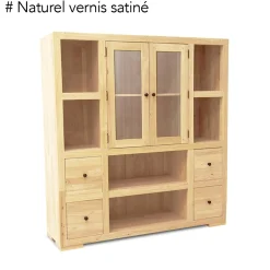 Bibliothèque / Vaisselier Hévéa 2 portes vitrées et bois, 2 tiroirs, 6 niches 130x40x140cm OLGA
