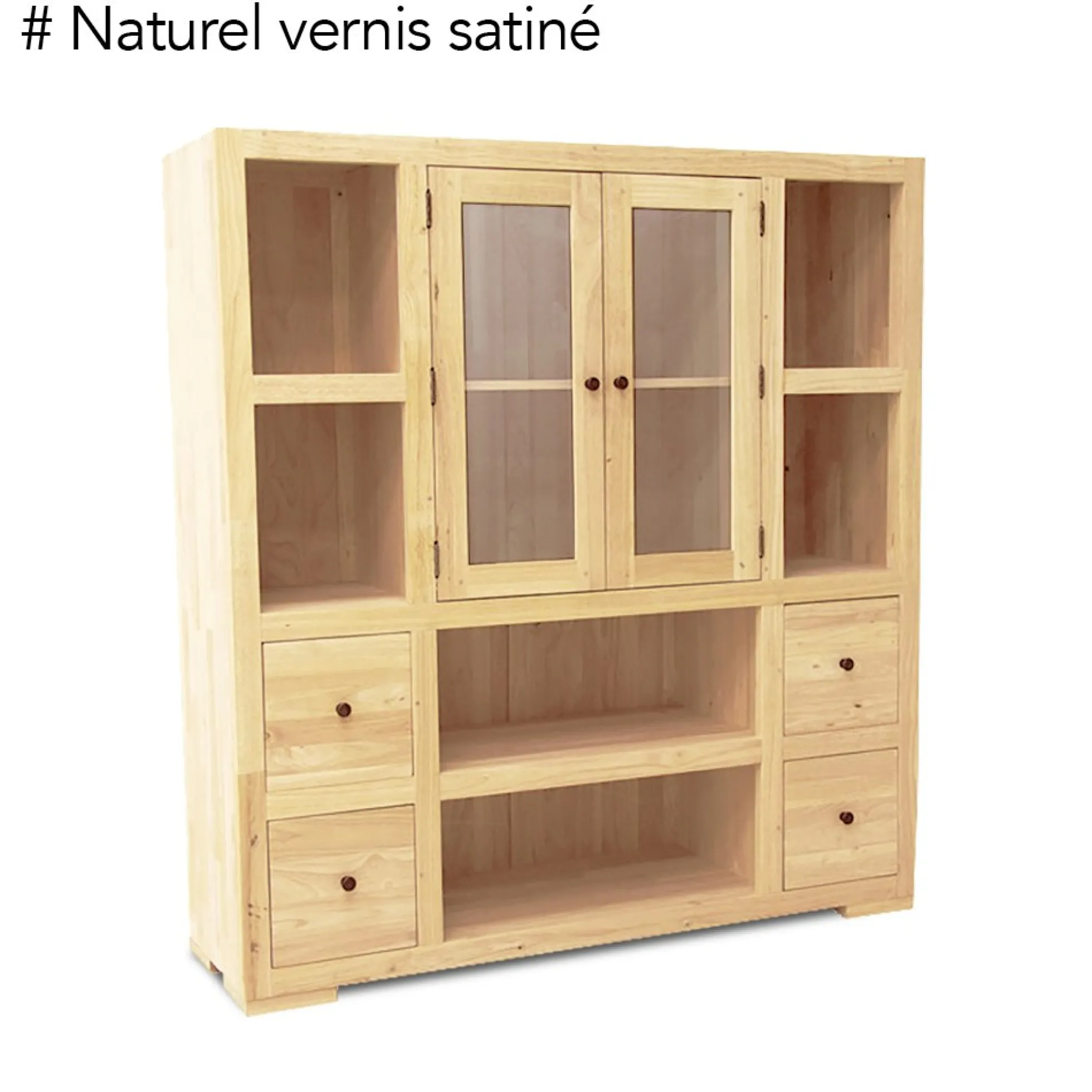 Bibliothèque / Vaisselier Hévéa 2 portes vitrées et bois, 2 tiroirs, 6 niches 130x40x140cm OLGA