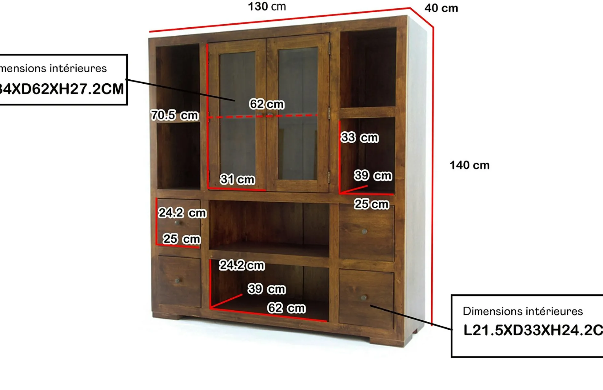 Bibliothèque / Vaisselier Hévéa 2 portes vitrées et bois, 2 tiroirs, 6 niches 130x40x140cm OLGA