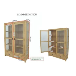 Bibliothèque vitrée Hévéa 2 portes, 2 tiroirs, 120x38x170cm HELENA