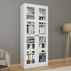 Bibliothèque vitrine blanche, 6 étagères réglables SALTA