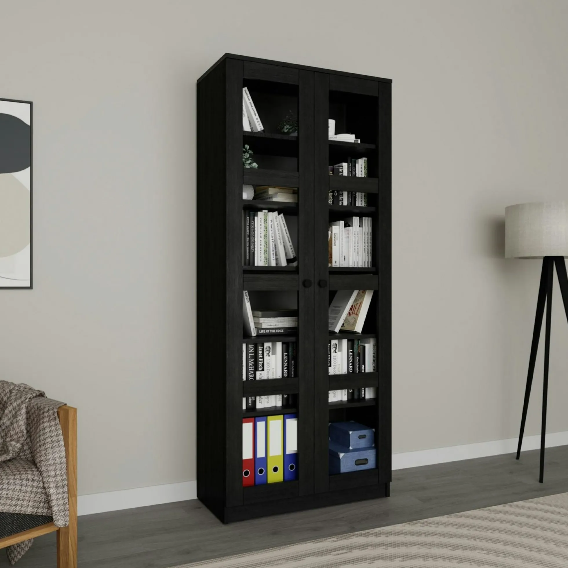 Bibliothèque vitrine noire, 6 étagères réglables SALTA