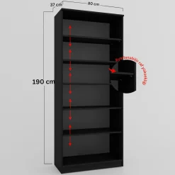 Bibliothèque vitrine noire, 6 étagères réglables SALTA