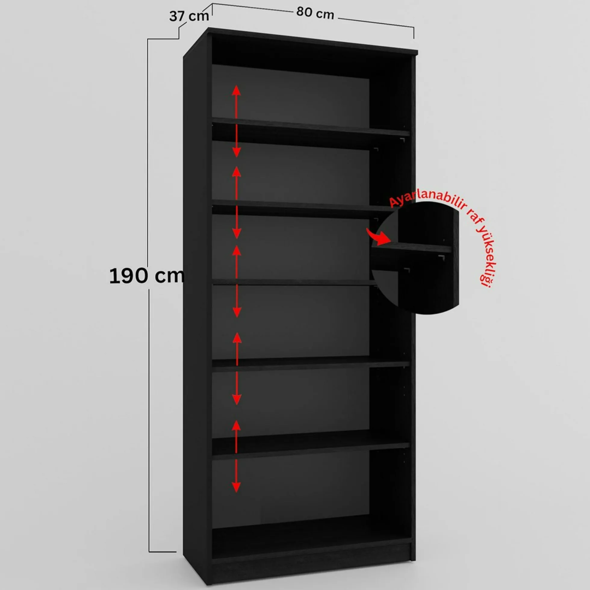 Bibliothèque vitrine noire, 6 étagères réglables SALTA