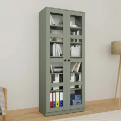 Bibliothèque vitrine vert sauge, 6 étagères réglables SALTA