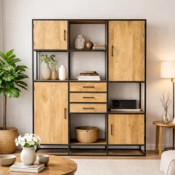 Bibliothèque XXL 4 portes bois clair et métal noir RIVANO