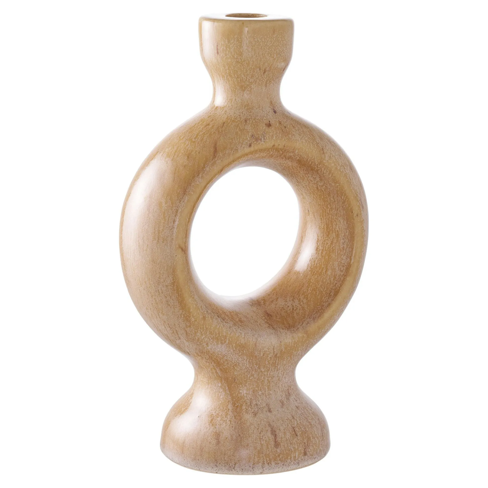 Bougeoir déco en céramique - forme anneau sculptural, beige brun