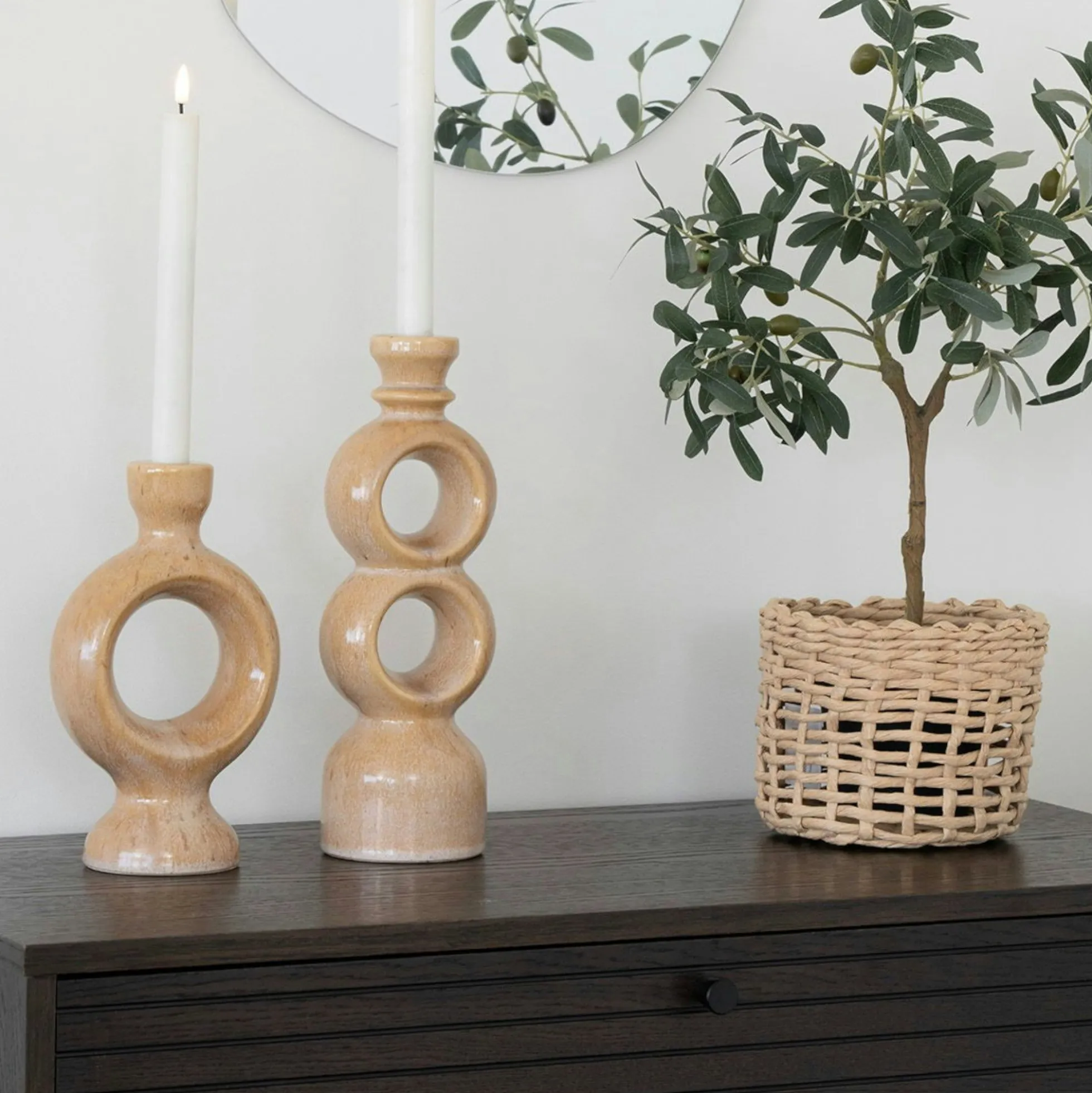 Bougeoir déco en céramique - forme anneau sculptural, beige brun