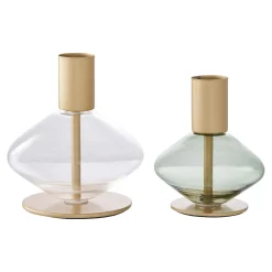Bougeoir en verre et métal doré (lot de 2) - design arrondi, transparent/vert