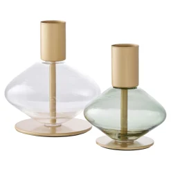 Bougeoir en verre et métal doré (lot de 2) - design arrondi, transparent/vert
