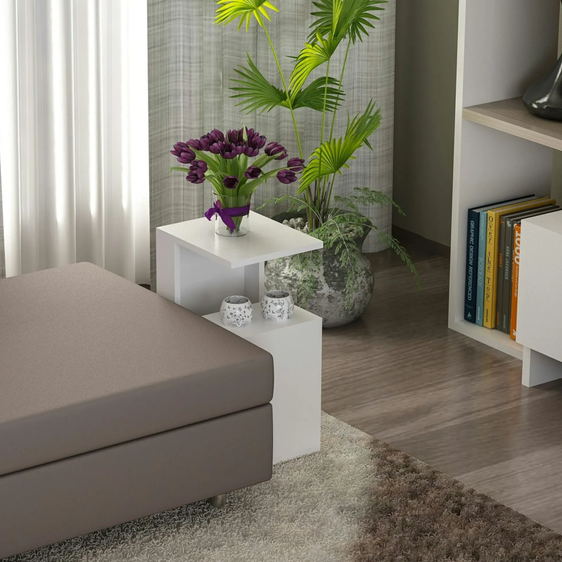 Bout de canapé blanc moderne 2 tablettes 1 niche MARFA