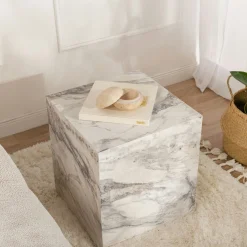 Bout de canapé cube effet marbre blanc - style design MARFA