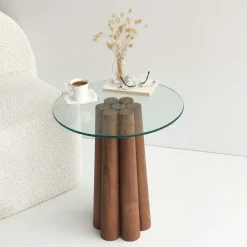 Bout de canapé en verre et bois brun - base sculptée ANZIO